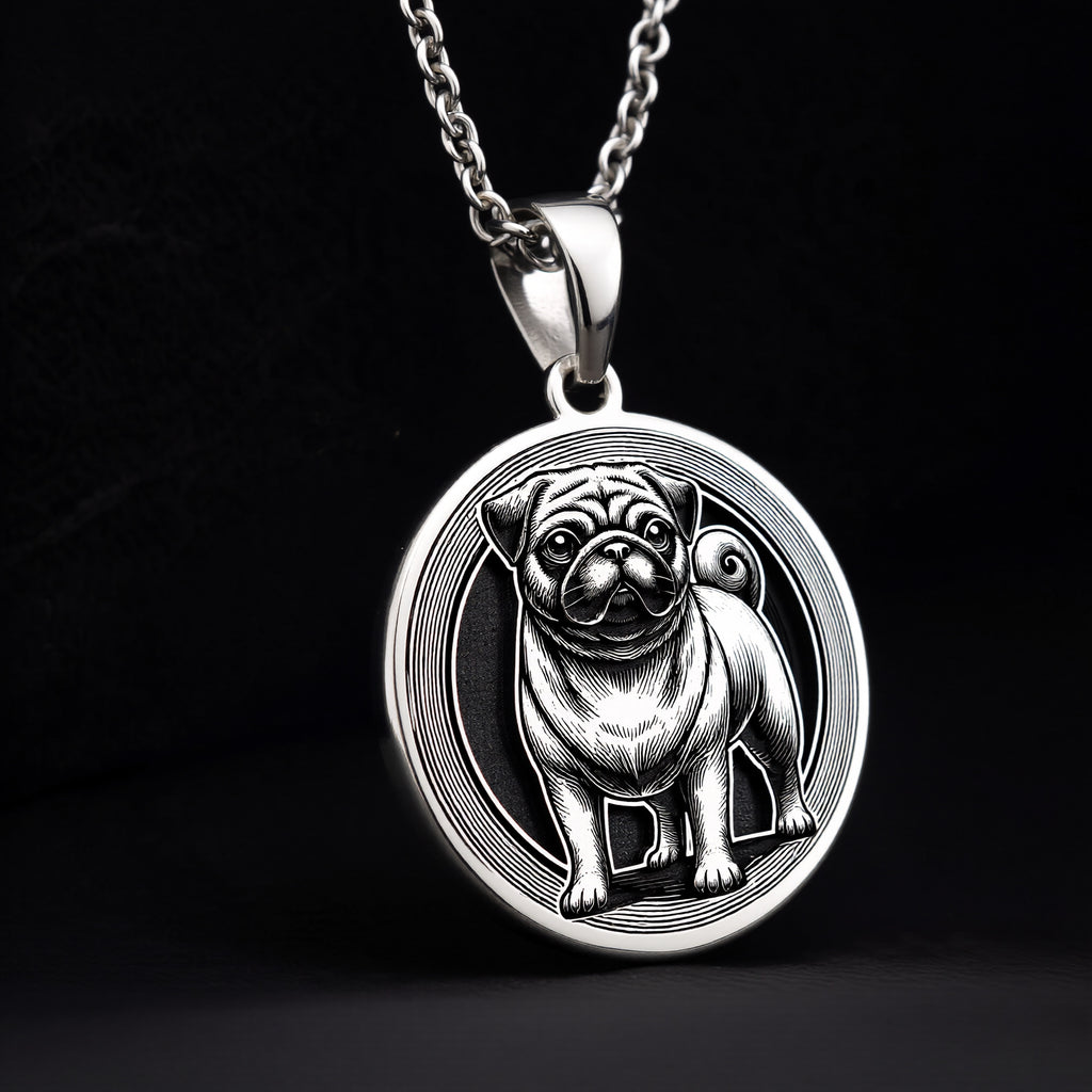 Intricately detailed 925 Sterling Silver Pug pendant, designed with a classic dog silhouette. A perfect silver pet charm, symbolizing devotion and companionship, making it a wonderful gift for Pug owners. - View 3