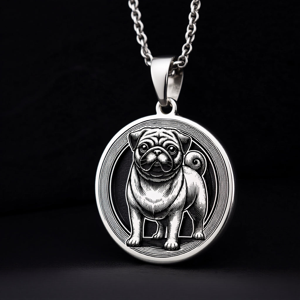 Intricately detailed 925 Sterling Silver Pug pendant, designed with a classic dog silhouette. A perfect silver pet charm, symbolizing devotion and companionship, making it a wonderful gift for Pug owners. - View 4