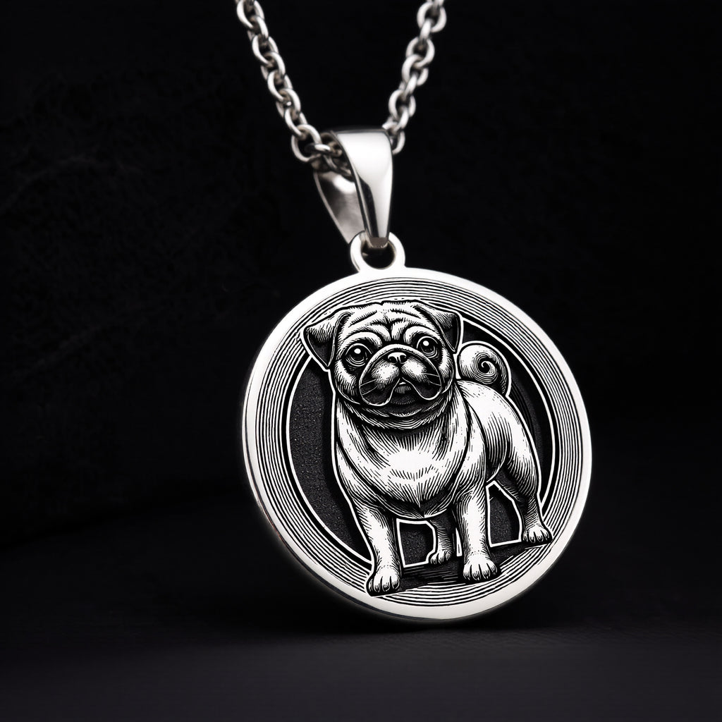 Intricately detailed 925 Sterling Silver Pug pendant, designed with a classic dog silhouette. A perfect silver pet charm, symbolizing devotion and companionship, making it a wonderful gift for Pug owners. - View 5