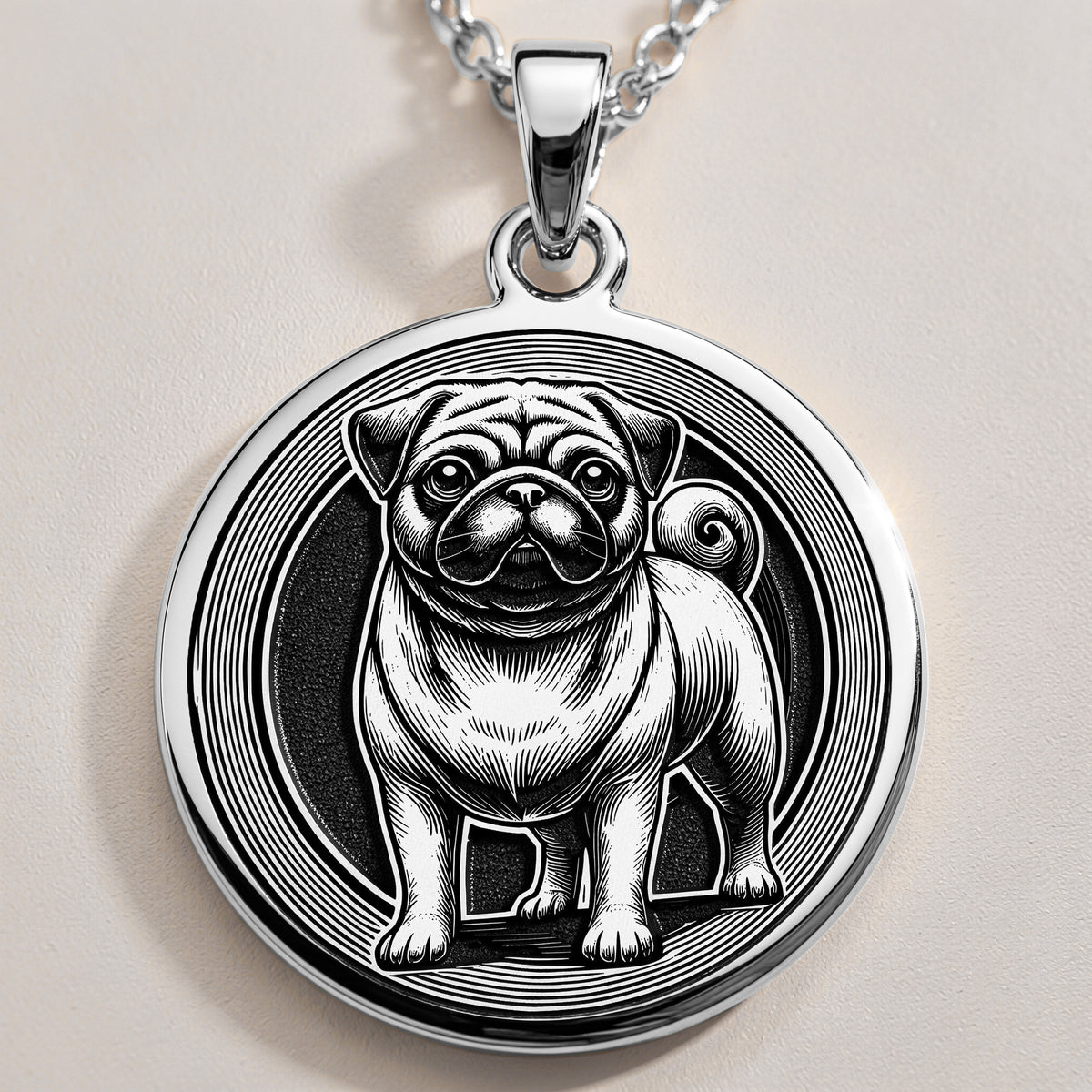 Intricately detailed 925 Sterling Silver Pug pendant, designed with a classic dog silhouette. A perfect silver pet charm, symbolizing devotion and companionship, making it a wonderful gift for Pug owners. - View 6