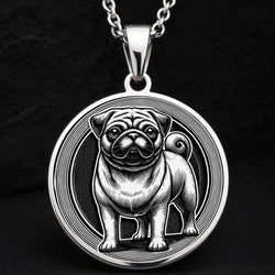 Intricately detailed 925 Sterling Silver Pug pendant, designed with a classic dog silhouette. A perfect silver pet charm, symbolizing devotion and companionship, making it a wonderful gift for Pug owners.