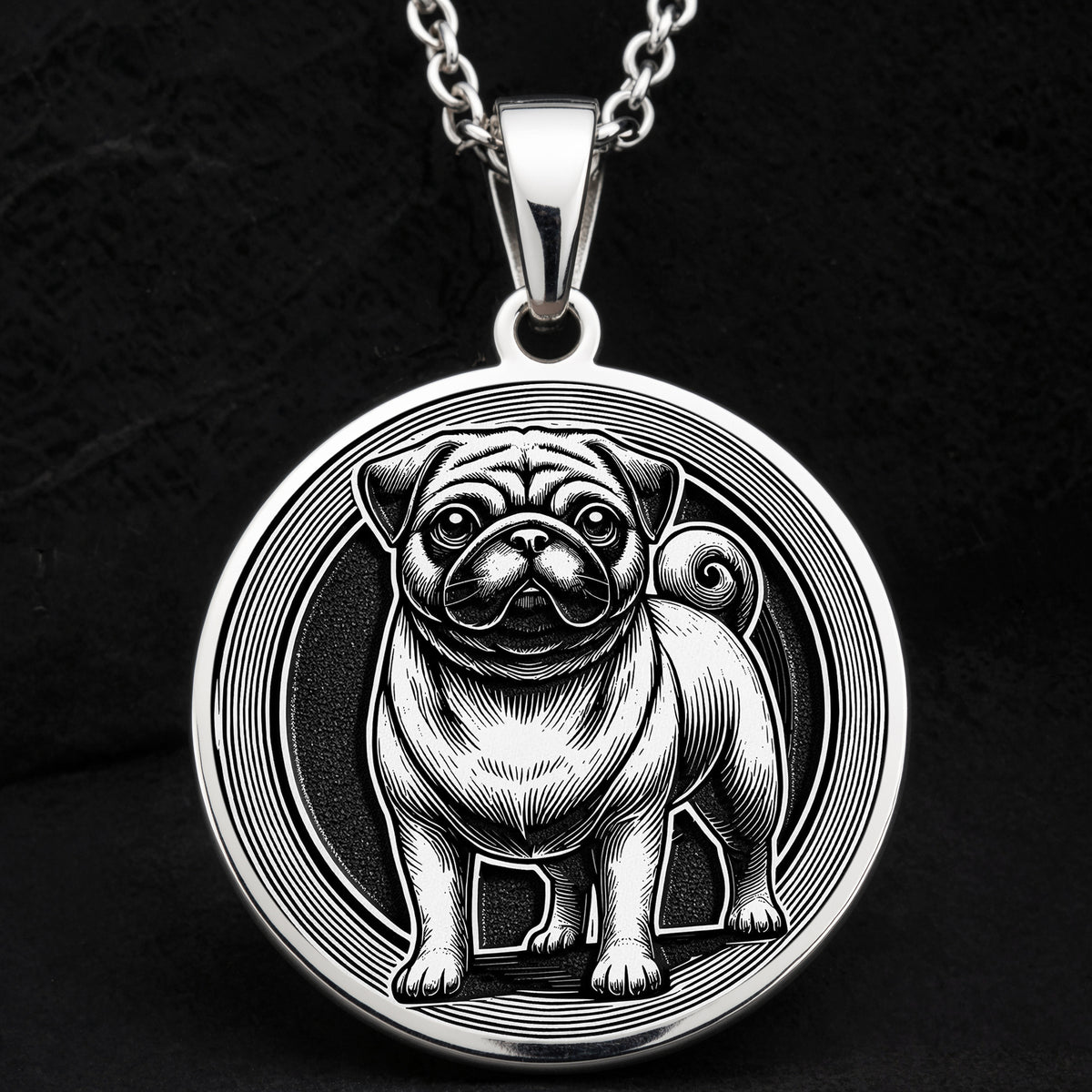 Intricately detailed 925 Sterling Silver Pug pendant, designed with a classic dog silhouette. A perfect silver pet charm, symbolizing devotion and companionship, making it a wonderful gift for Pug owners.