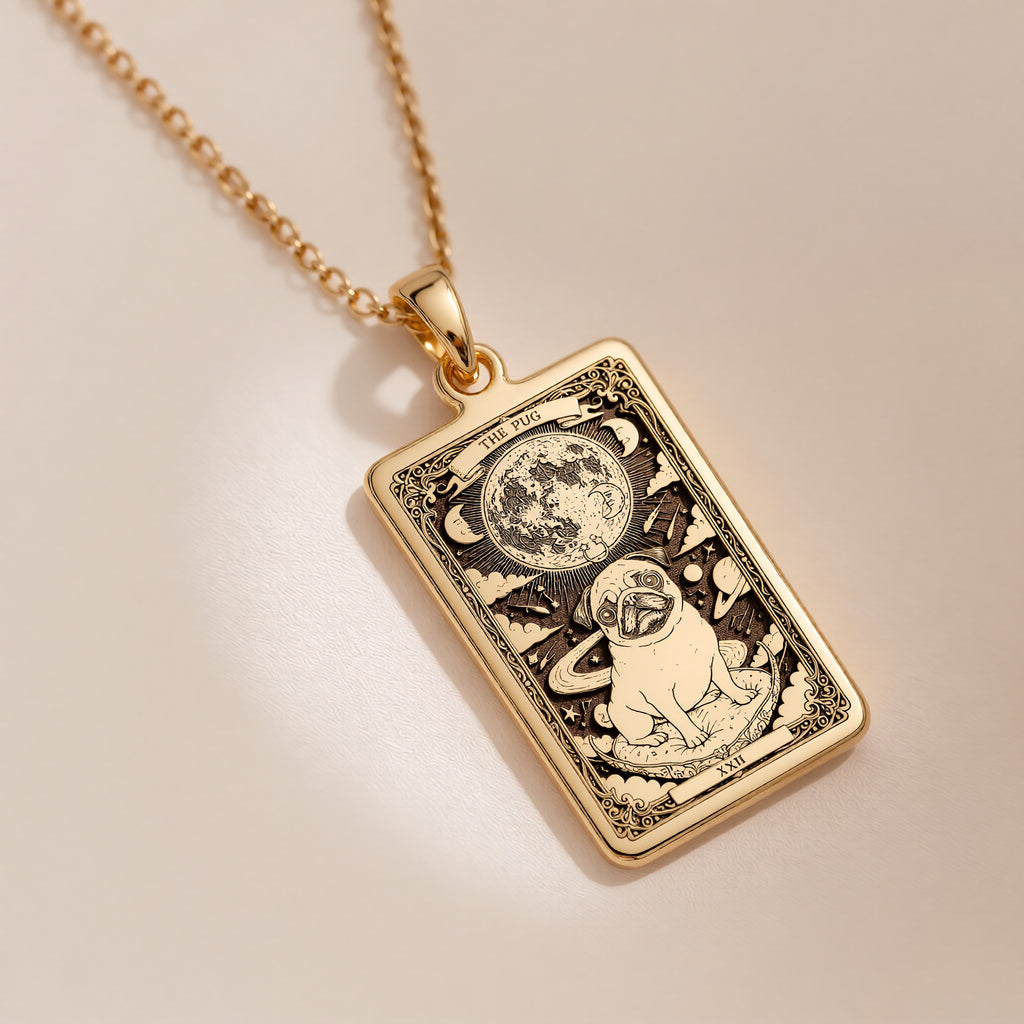 A polished 14K solid gold Pug medallion. This fine pet jewelry represents the breed's charming nature, making it a perfect Pug lover gift.