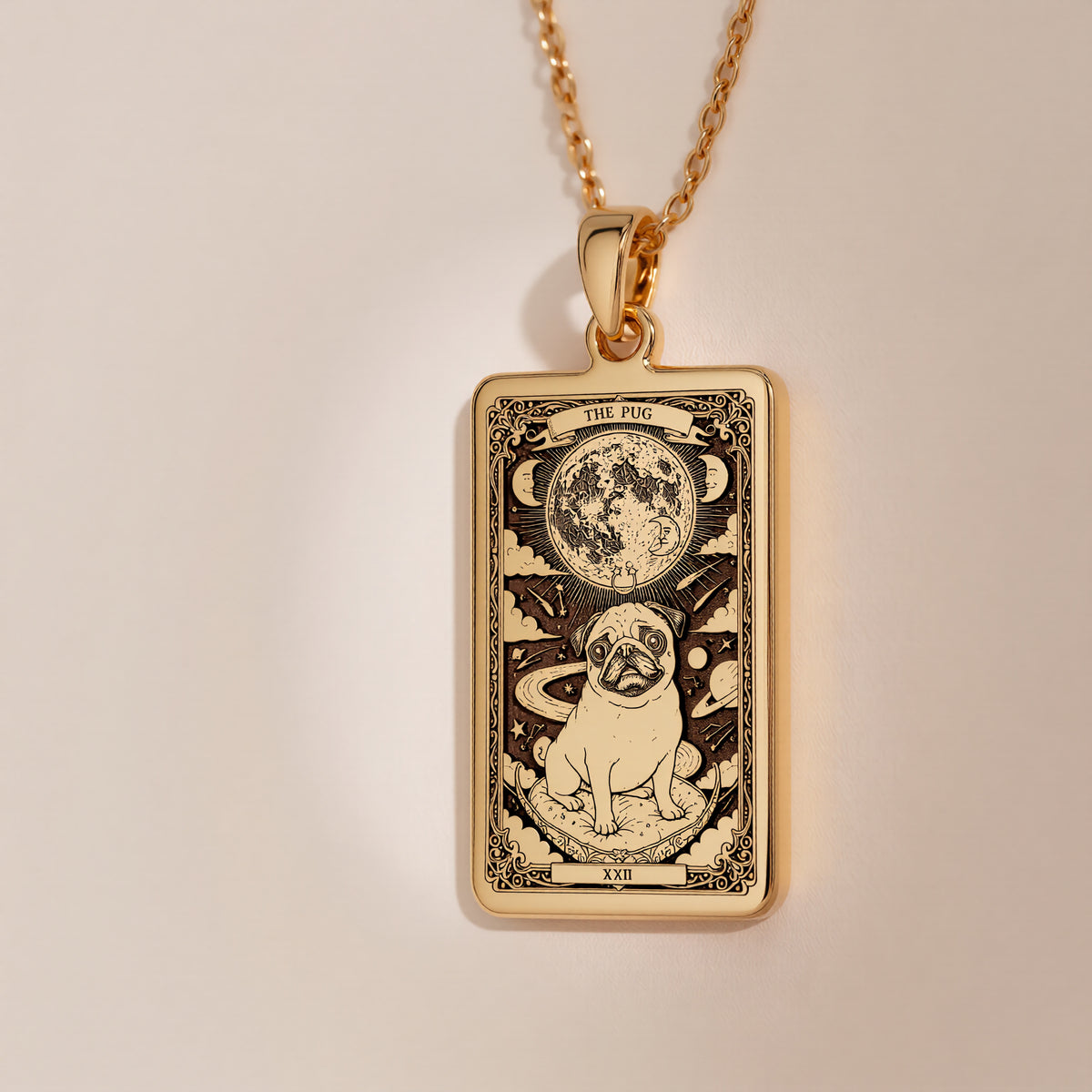 Pug Tarot Dog Mom Charm Pendant - 14K Solid Gold