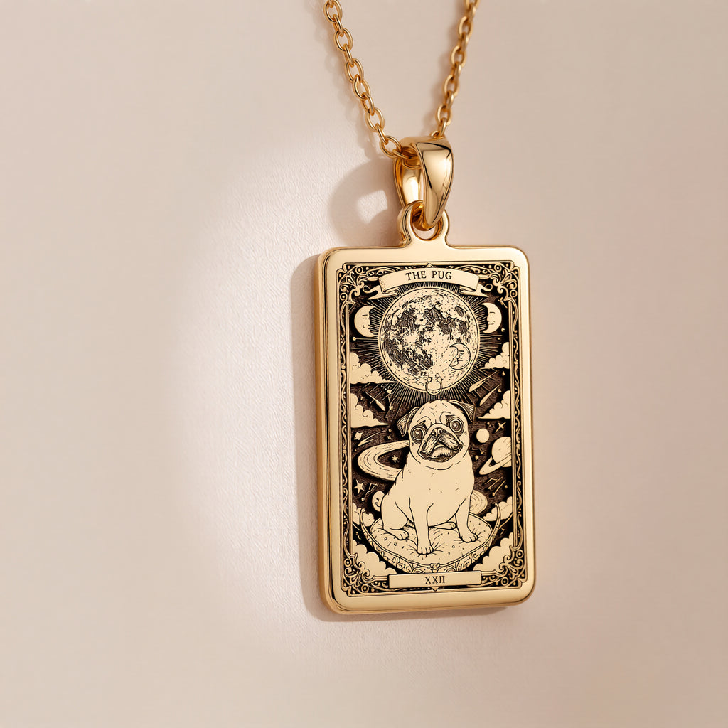 A polished 14K solid gold Pug medallion. This fine pet jewelry represents the breed's charming nature, making it a perfect Pug lover gift.