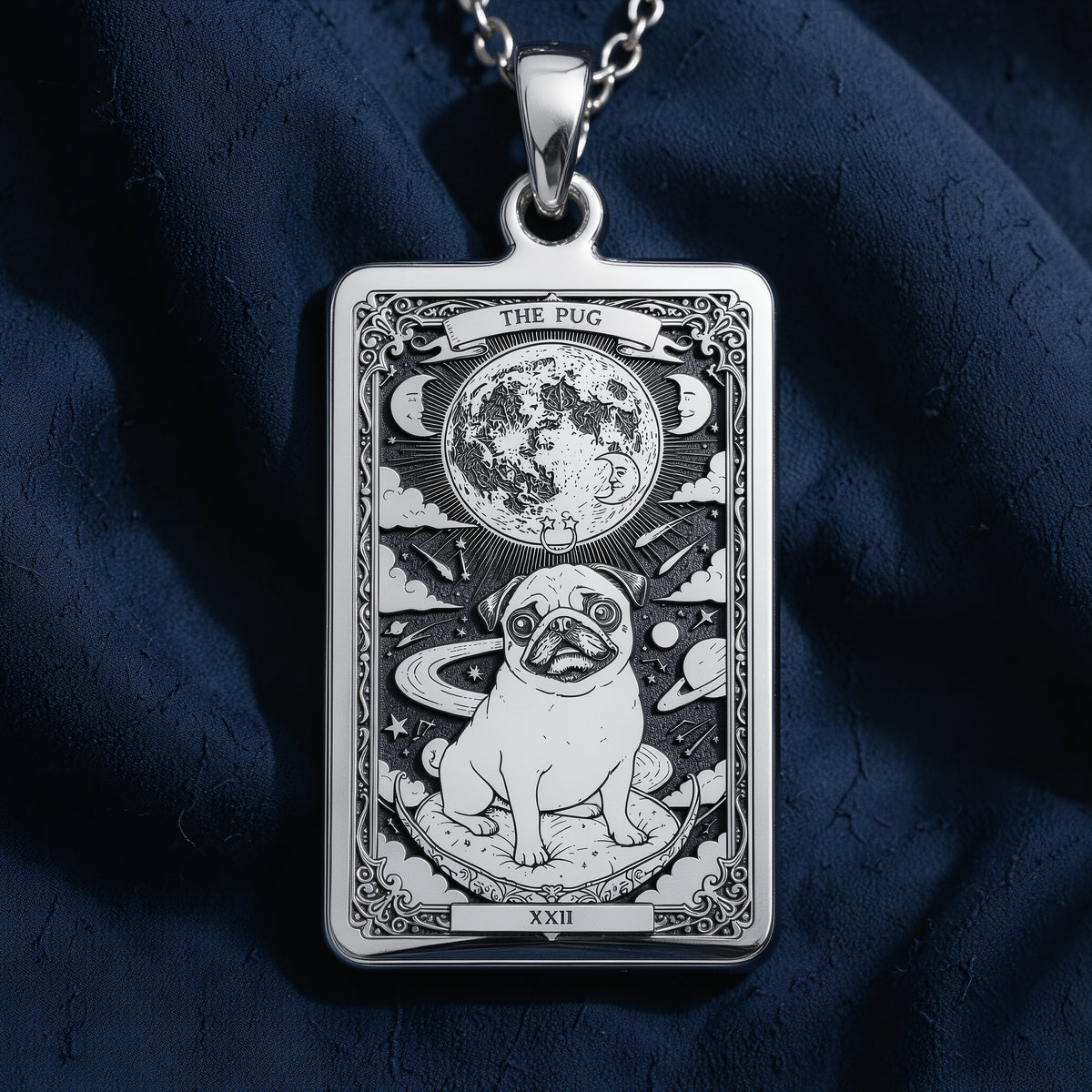 A personalized 925 sterling silver Pug necklace. This gift celebrates the big personality of the Pug, a cherished pet memorial keepsake.
