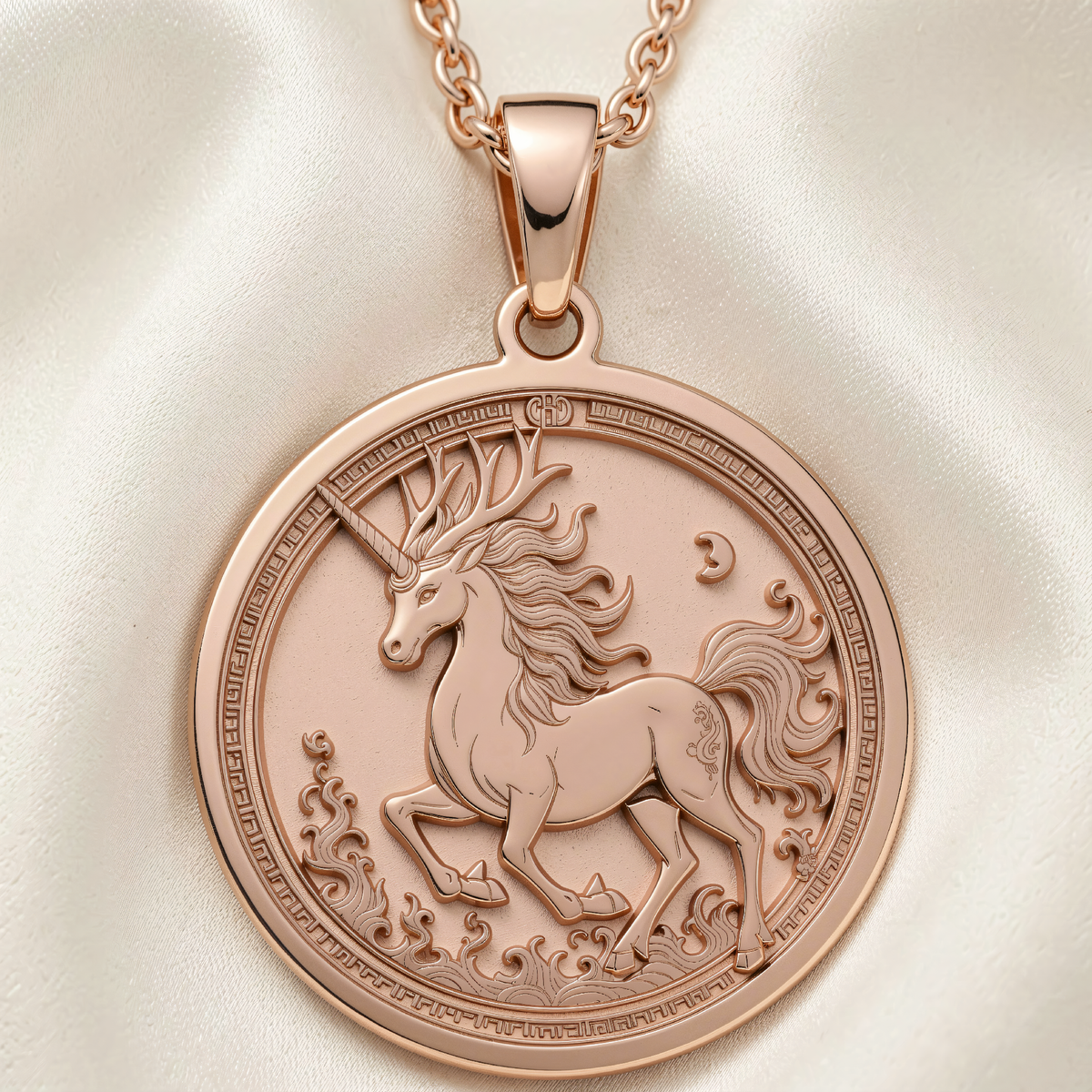 Qilin Mythological Talisman Necklace | Silver & Plated Options - Ancient Chinese Protection Amulet - 14K Rose Gold Plated Front View