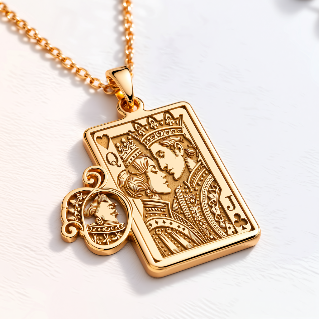 Queen & Jack Playing Card Couple Pendant - 14K Solid Gold, Right Angle View