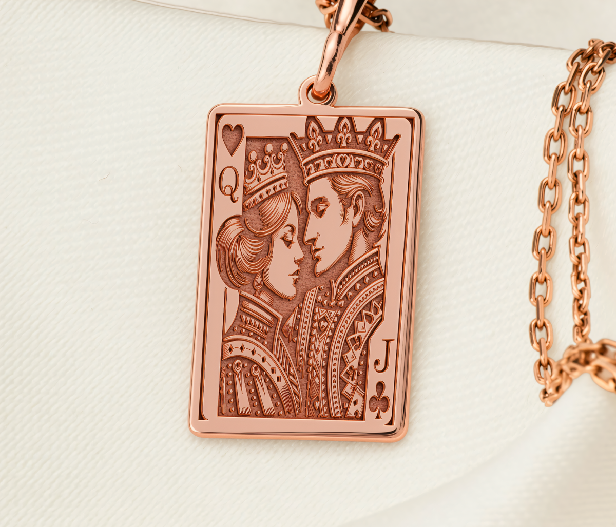 Queen & Jack Pendant Necklace - Tarot Couple Love Charm in a polished rose gold finish.