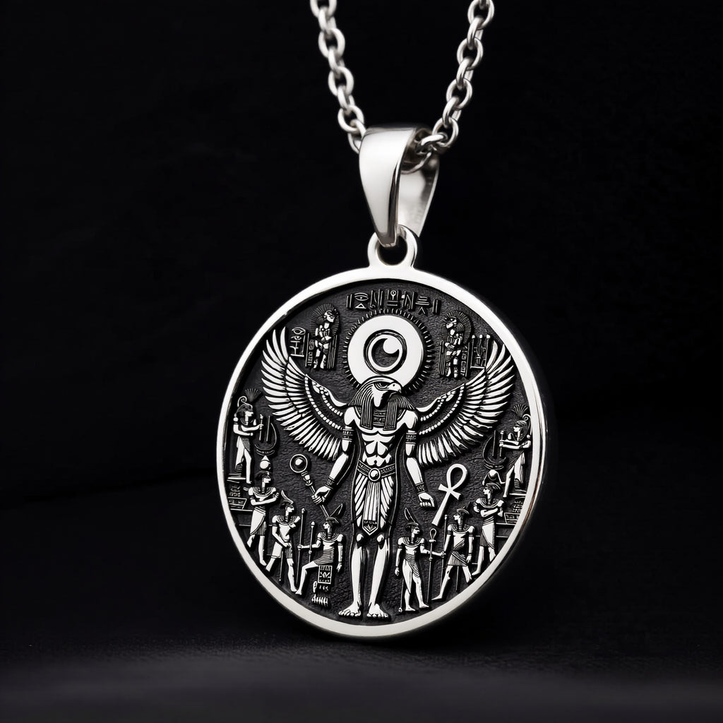 925 Sterling Silver Ra Necklace with an intricate Egyptian winged design. A mystical talisman pendant representing power and protection. Ideal for mythology enthusiasts, a meaningful and timeless piece of jewelry.