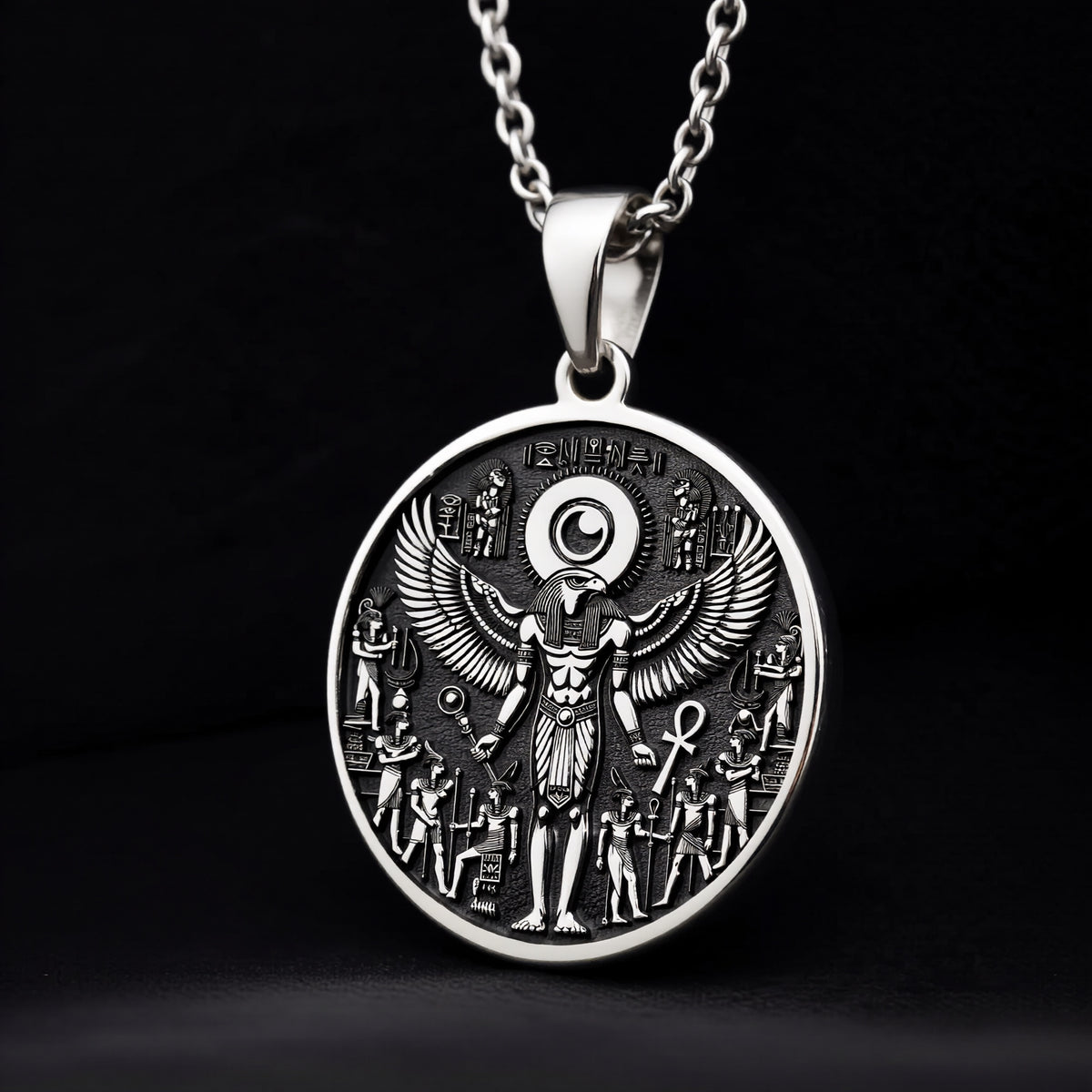 925 Sterling Silver Ra Necklace with an intricate Egyptian winged design. A mystical talisman pendant representing power and protection. Ideal for mythology enthusiasts, a meaningful and timeless piece of jewelry.