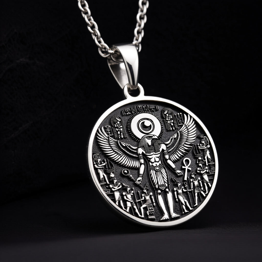 925 Sterling Silver Ra Necklace with an intricate Egyptian winged design. A mystical talisman pendant representing power and protection. Ideal for mythology enthusiasts, a meaningful and timeless piece of jewelry. - View 11
