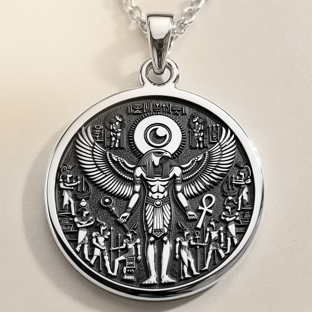 925 Sterling Silver Ra Necklace with an intricate Egyptian winged design. A mystical talisman pendant representing power and protection. Ideal for mythology enthusiasts, a meaningful and timeless piece of jewelry. - View 2