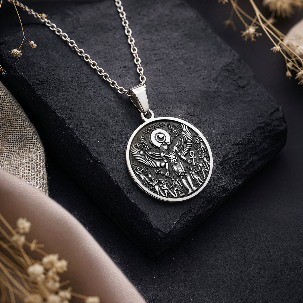 925 Sterling Silver Ra Necklace with an intricate Egyptian winged design. A mystical talisman pendant representing power and protection. Ideal for mythology enthusiasts, a meaningful and timeless piece of jewelry. - View 3