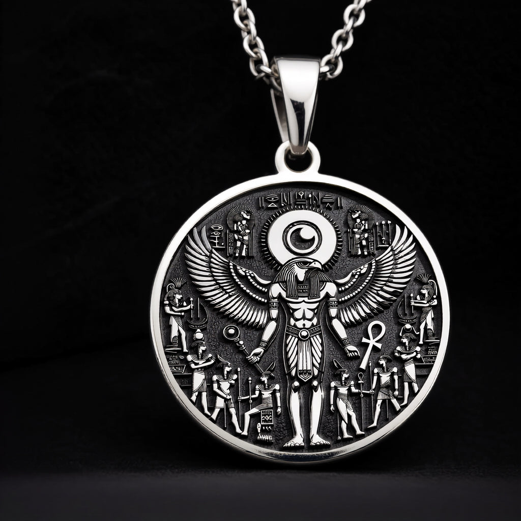 925 Sterling Silver Ra Necklace with an intricate Egyptian winged design. A mystical talisman pendant representing power and protection. Ideal for mythology enthusiasts, a meaningful and timeless piece of jewelry. - View 8