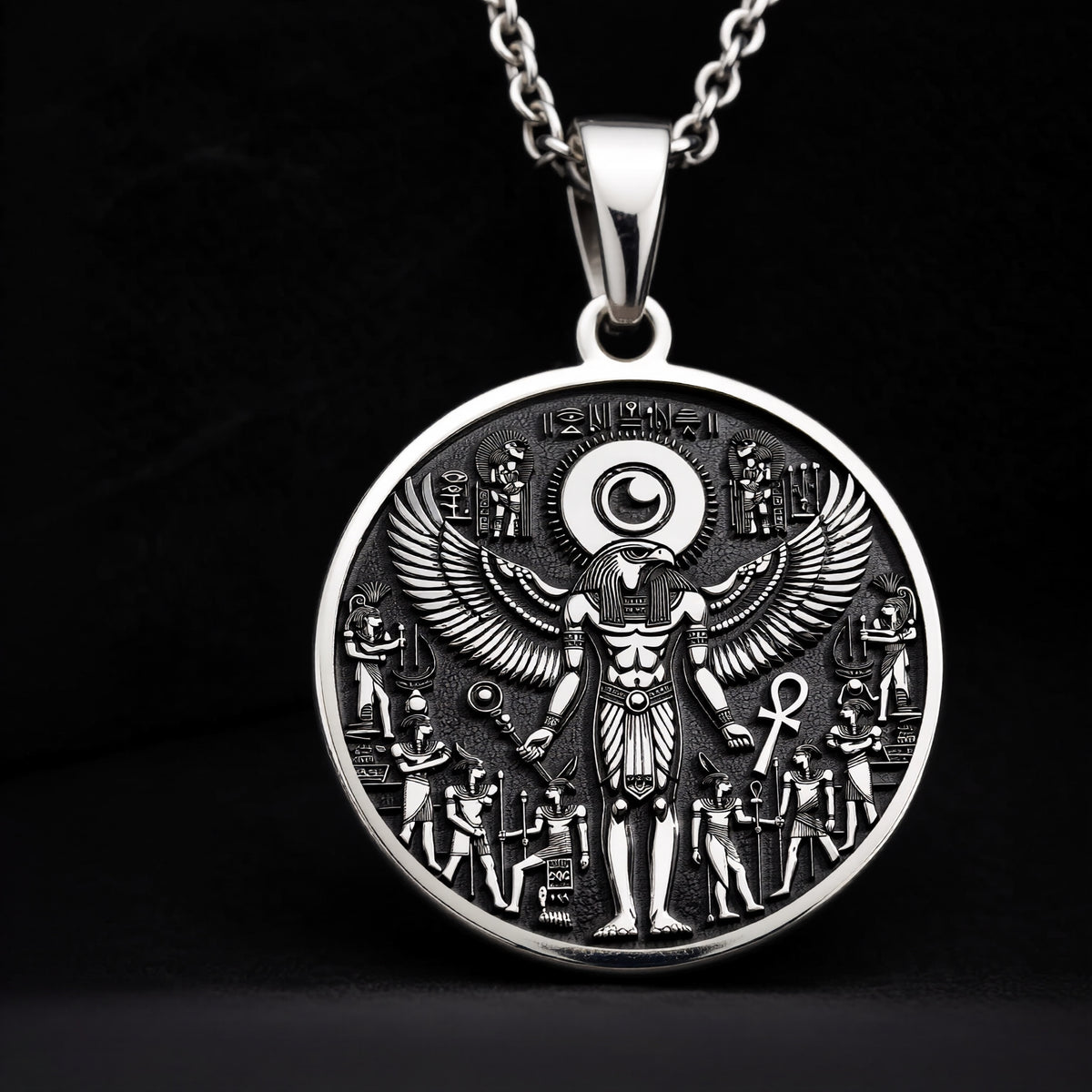 925 Sterling Silver Ra Necklace with an intricate Egyptian winged design. A mystical talisman pendant representing power and protection. Ideal for mythology enthusiasts, a meaningful and timeless piece of jewelry. - View 8