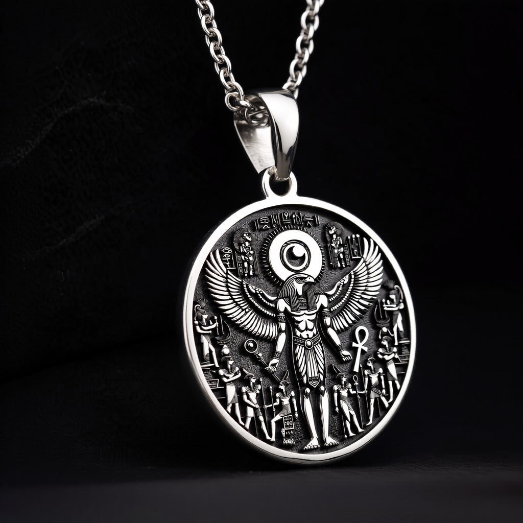 925 Sterling Silver Ra Necklace with an intricate Egyptian winged design. A mystical talisman pendant representing power and protection. Ideal for mythology enthusiasts, a meaningful and timeless piece of jewelry. - View 9