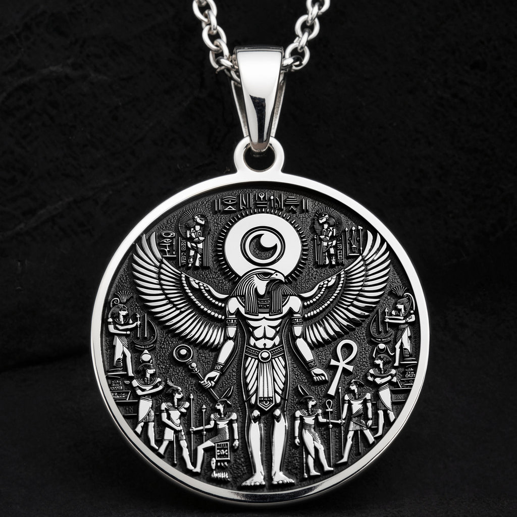 925 Sterling Silver Ra Necklace with an intricate Egyptian winged design. A mystical talisman pendant representing power and protection. Ideal for mythology enthusiasts, a meaningful and timeless piece of jewelry.