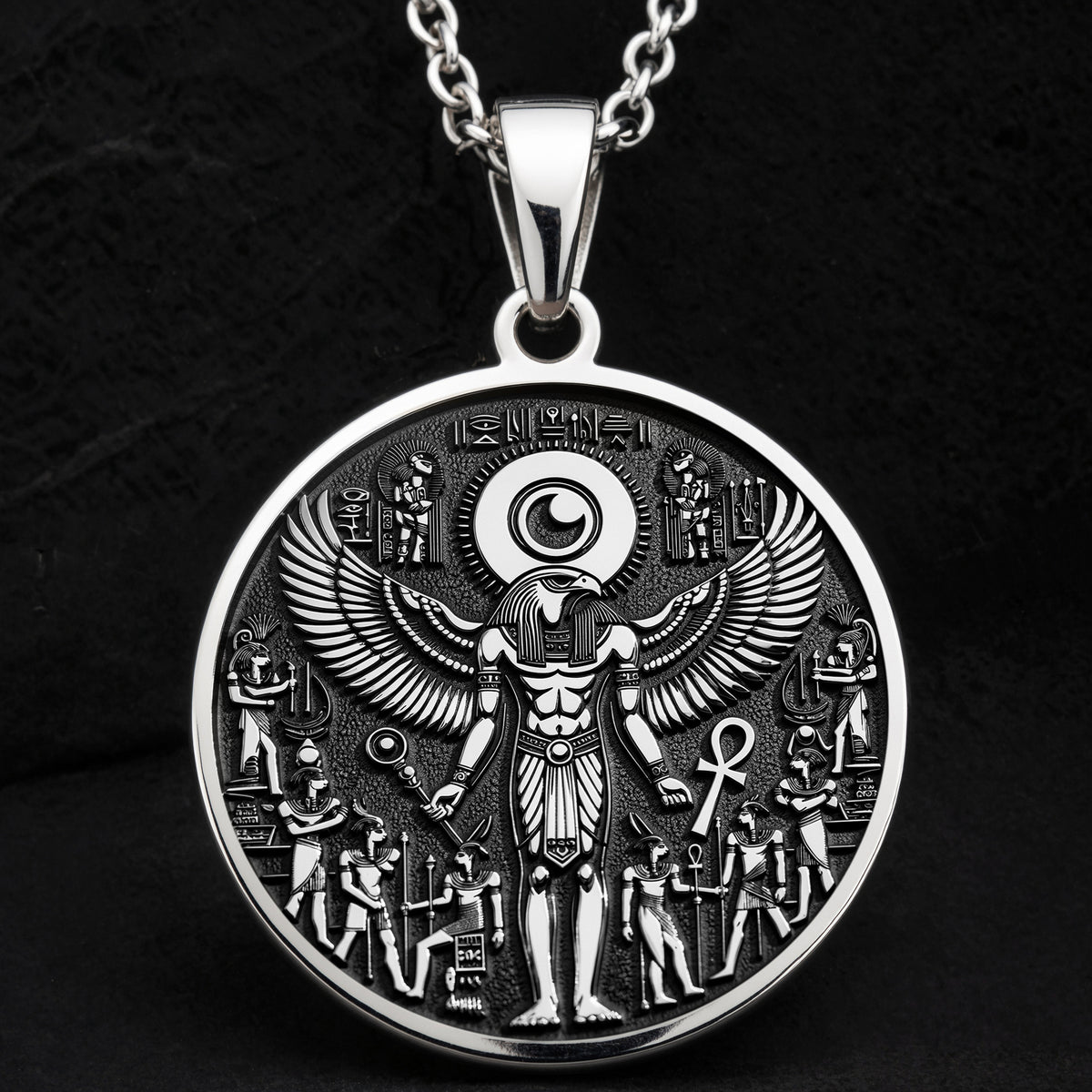 925 Sterling Silver Ra Necklace with an intricate Egyptian winged design. A mystical talisman pendant representing power and protection. Ideal for mythology enthusiasts, a meaningful and timeless piece of jewelry.