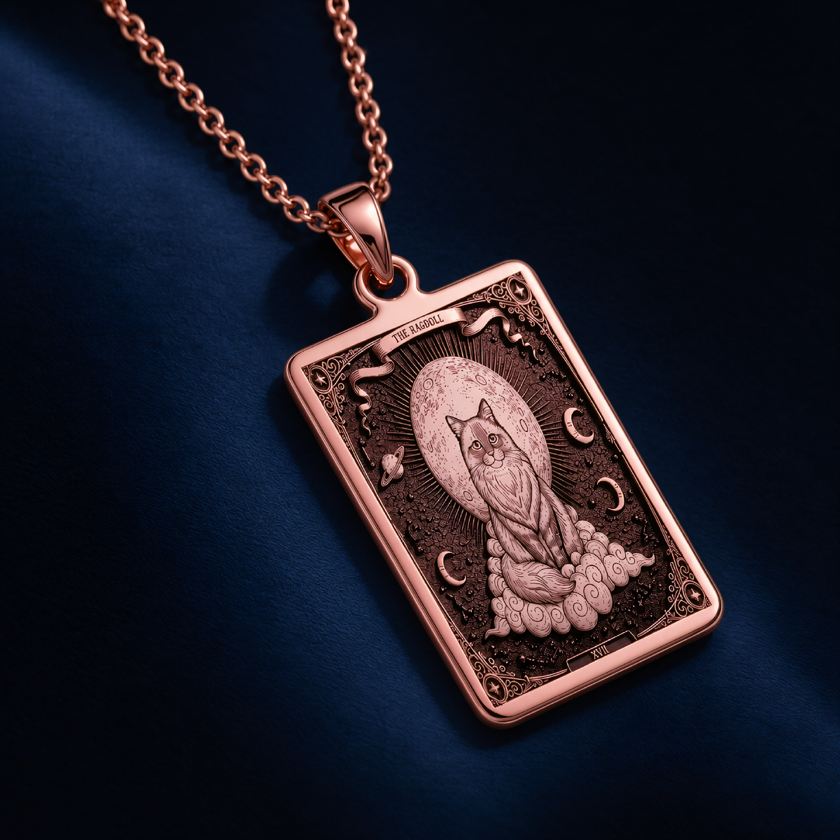 Ragdoll Cat Tarot Necklace in a polished rose gold finish.