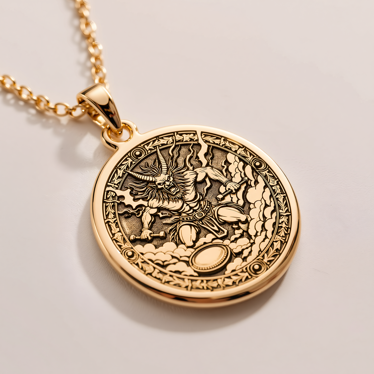 Raijin Thunder God Pendant - 14K Solid Gold, Left Angle View