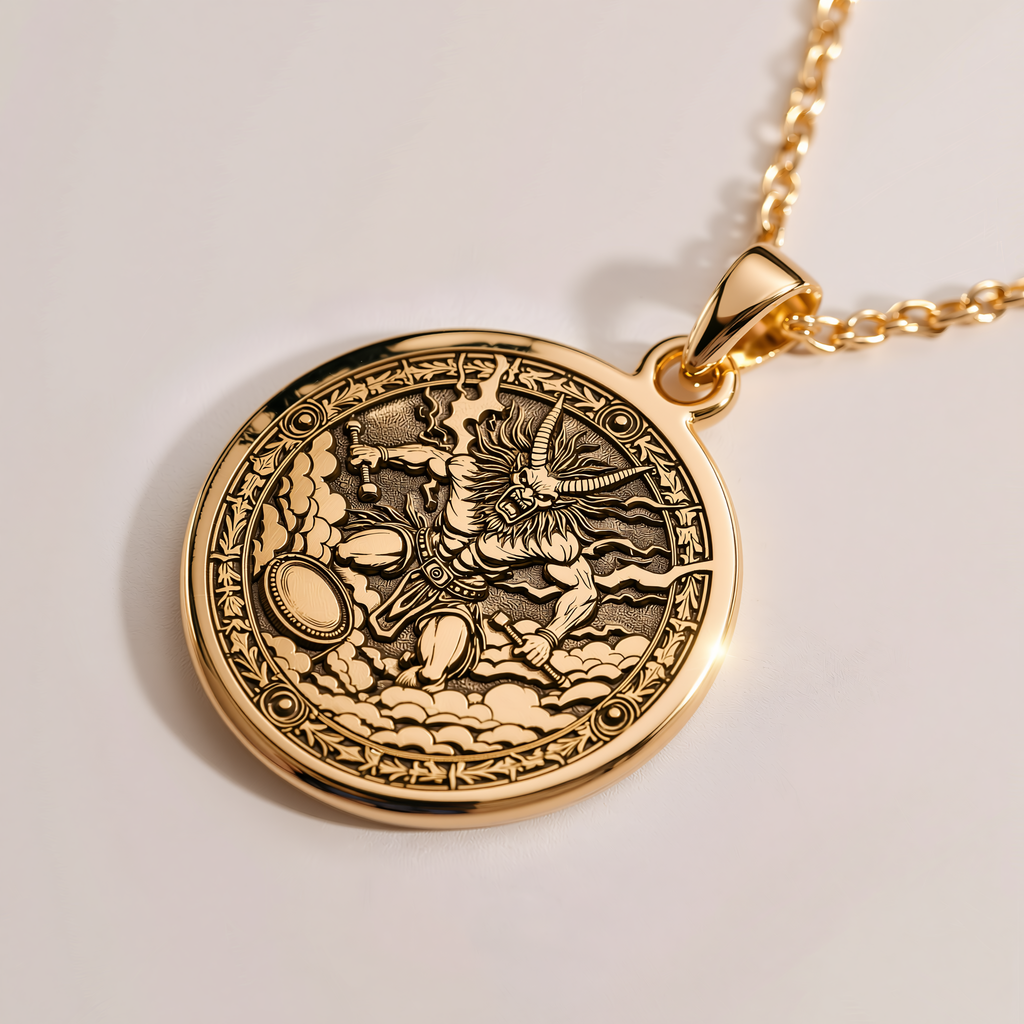 Raijin Thunder God Pendant - 14K Solid Gold, Right Angle View