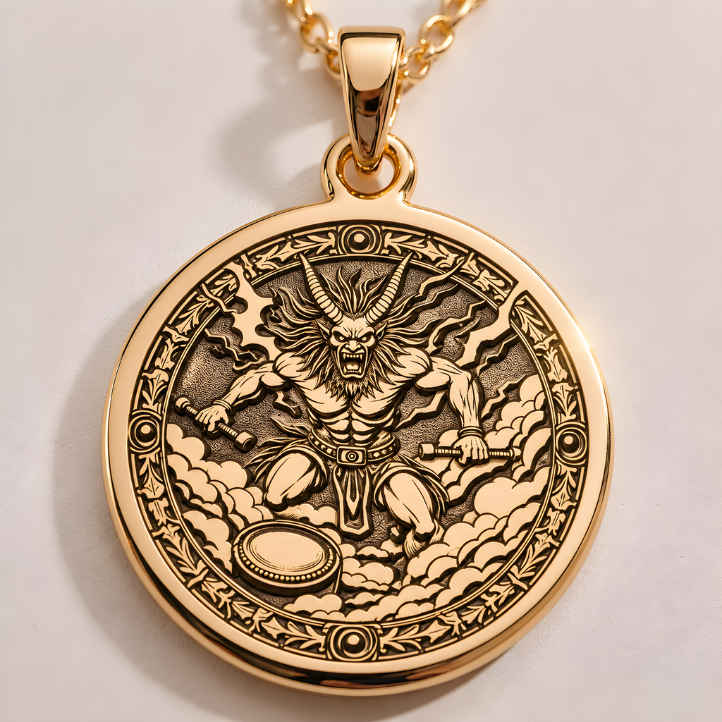 Raijin Pendant Necklace: 14K Gold Japanese Thunder God, Kami Protection - View 2