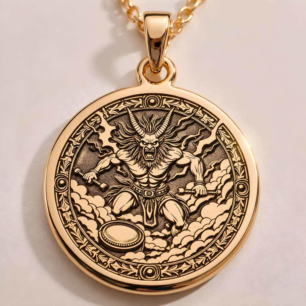 Raijin Pendant Necklace: 14K Gold Japanese Thunder God, Kami Protection - View 2