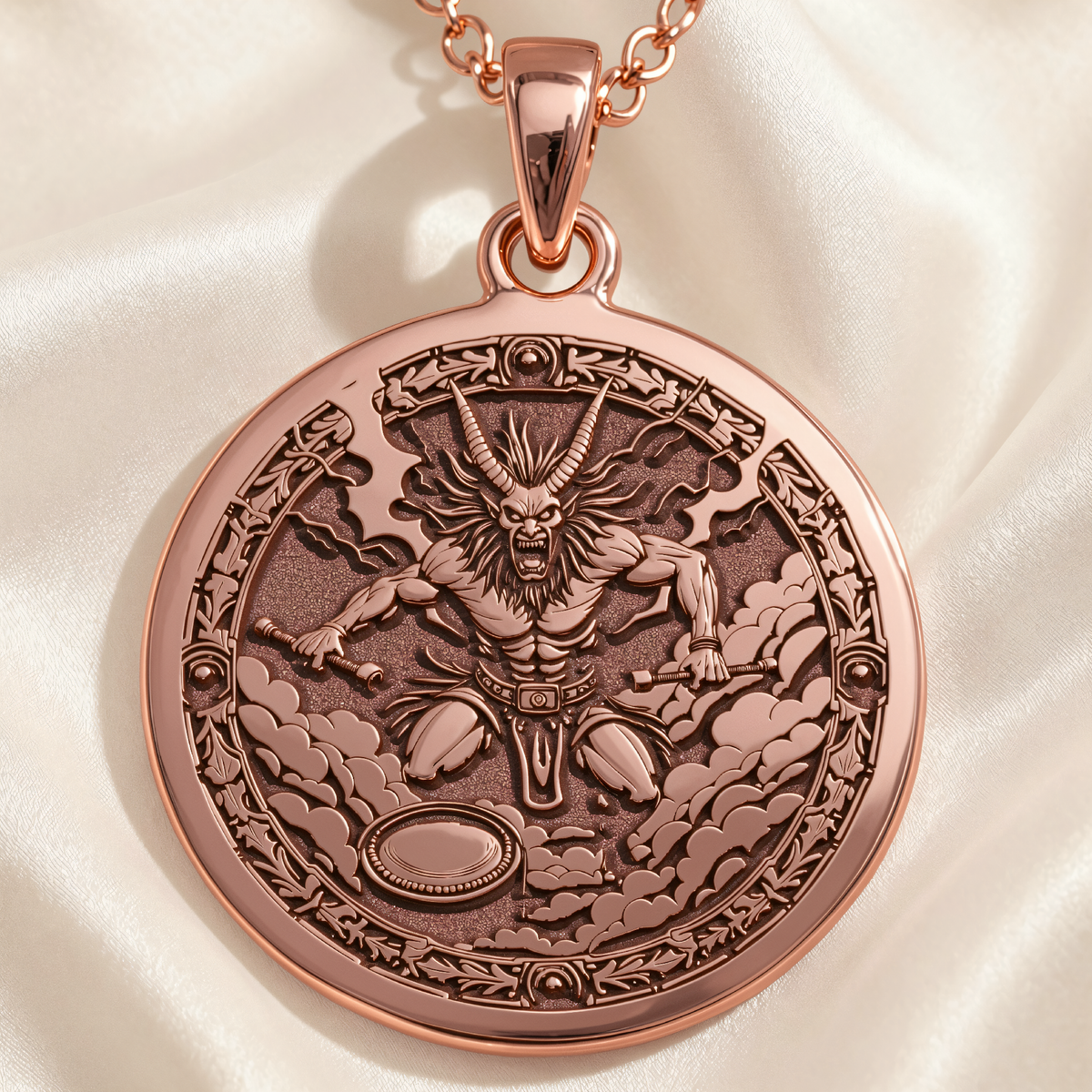 Raijin Thunder God Pendant in a polished rose gold finish.