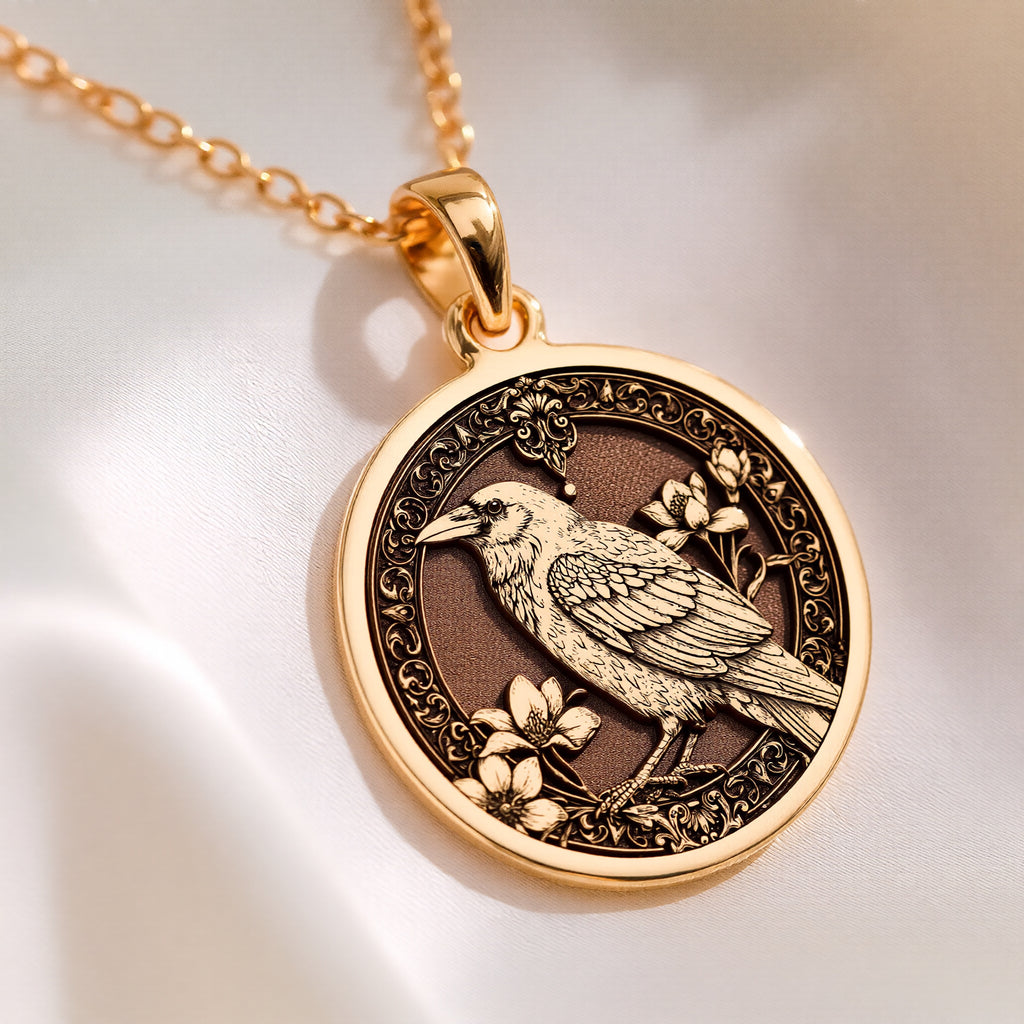 Unique Gold Raven bird pendant necklace , gothic bird pendant jewelry, antique style crow medallion, bird medallion necklace, gothic raven pendant, raven totem necklace, crow familiar jewelry, black raven pendant, celtic raven bird jewelry, victorian style crow pendant
