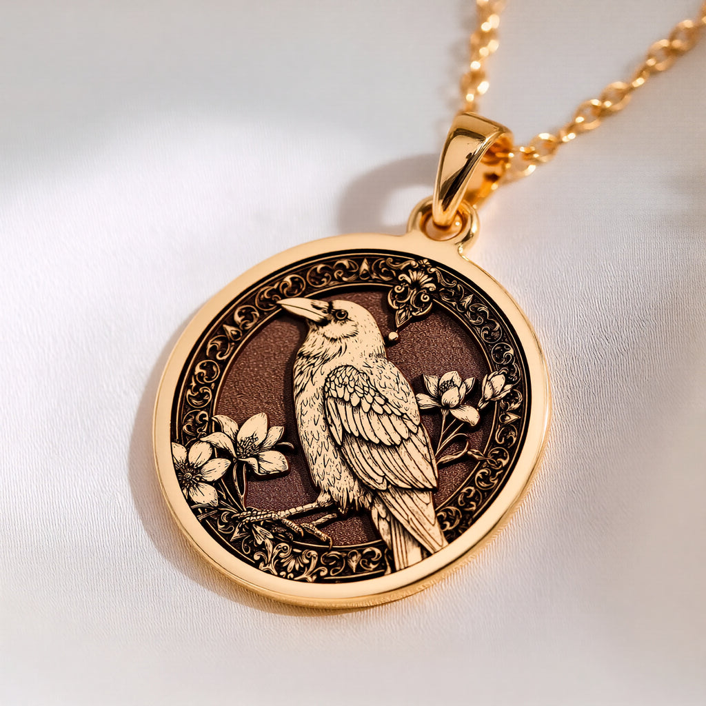 Unique Gold Raven bird pendant necklace , gothic bird pendant jewelry, antique style crow medallion, bird medallion necklace, gothic raven pendant, raven totem necklace, crow familiar jewelry, black raven pendant, celtic raven bird jewelry, victorian style crow pendant