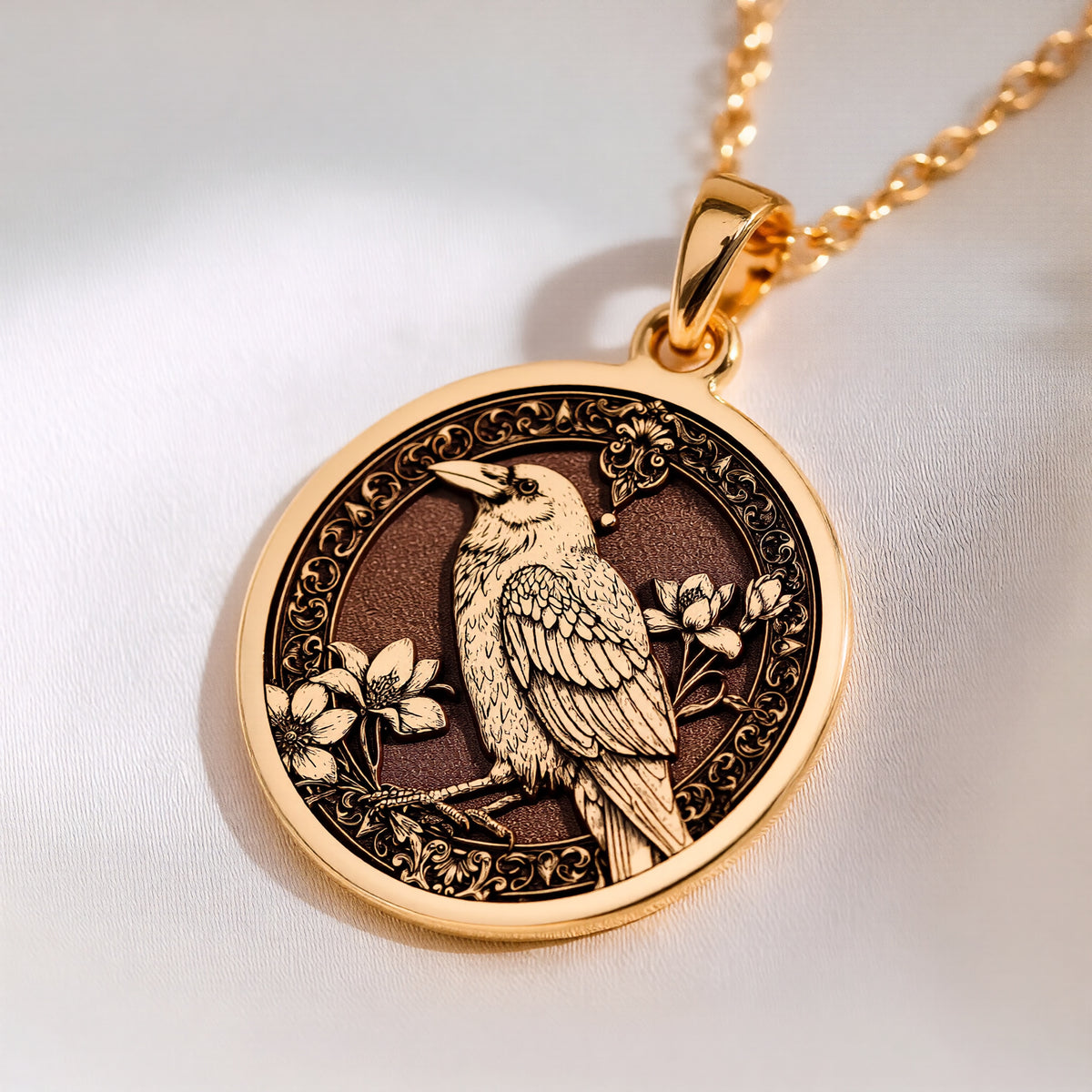 Unique Gold Raven bird pendant necklace , gothic bird pendant jewelry, antique style crow medallion, bird medallion necklace, gothic raven pendant, raven totem necklace, crow familiar jewelry, black raven pendant, celtic raven bird jewelry, victorian style crow pendant