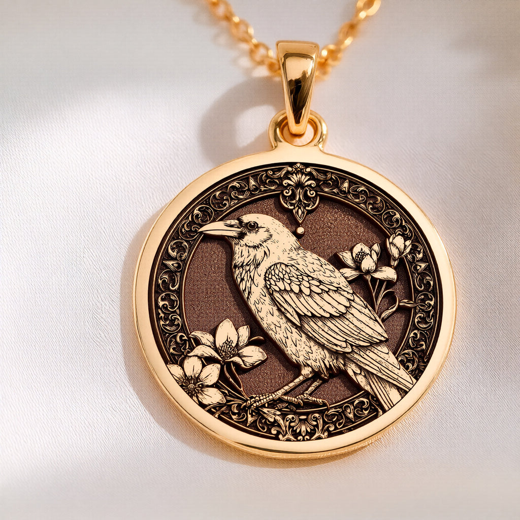Raven Bird Spread Wings Pendant - 14K Solid Gold
