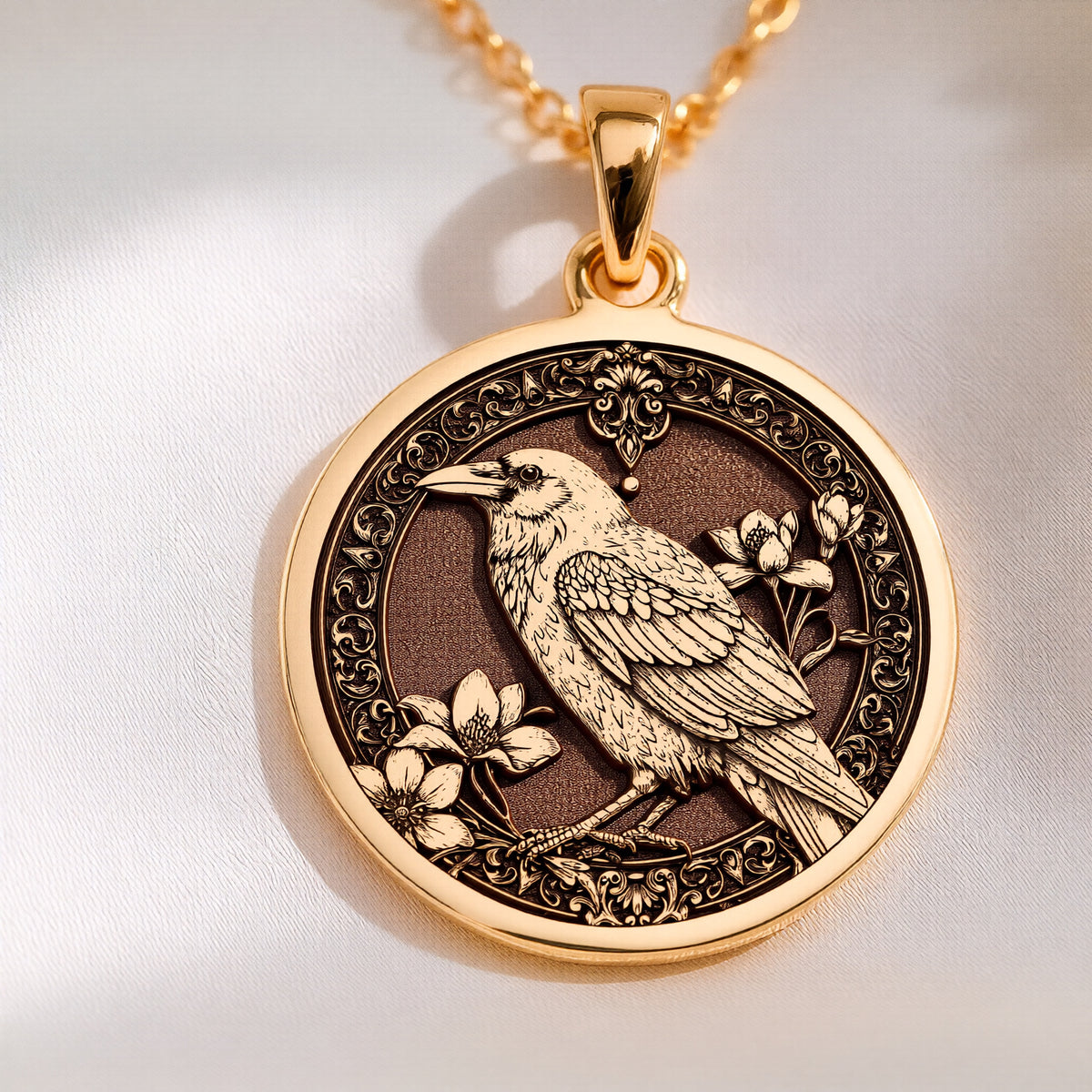 Raven Bird Spread Wings Pendant - 14K Solid Gold