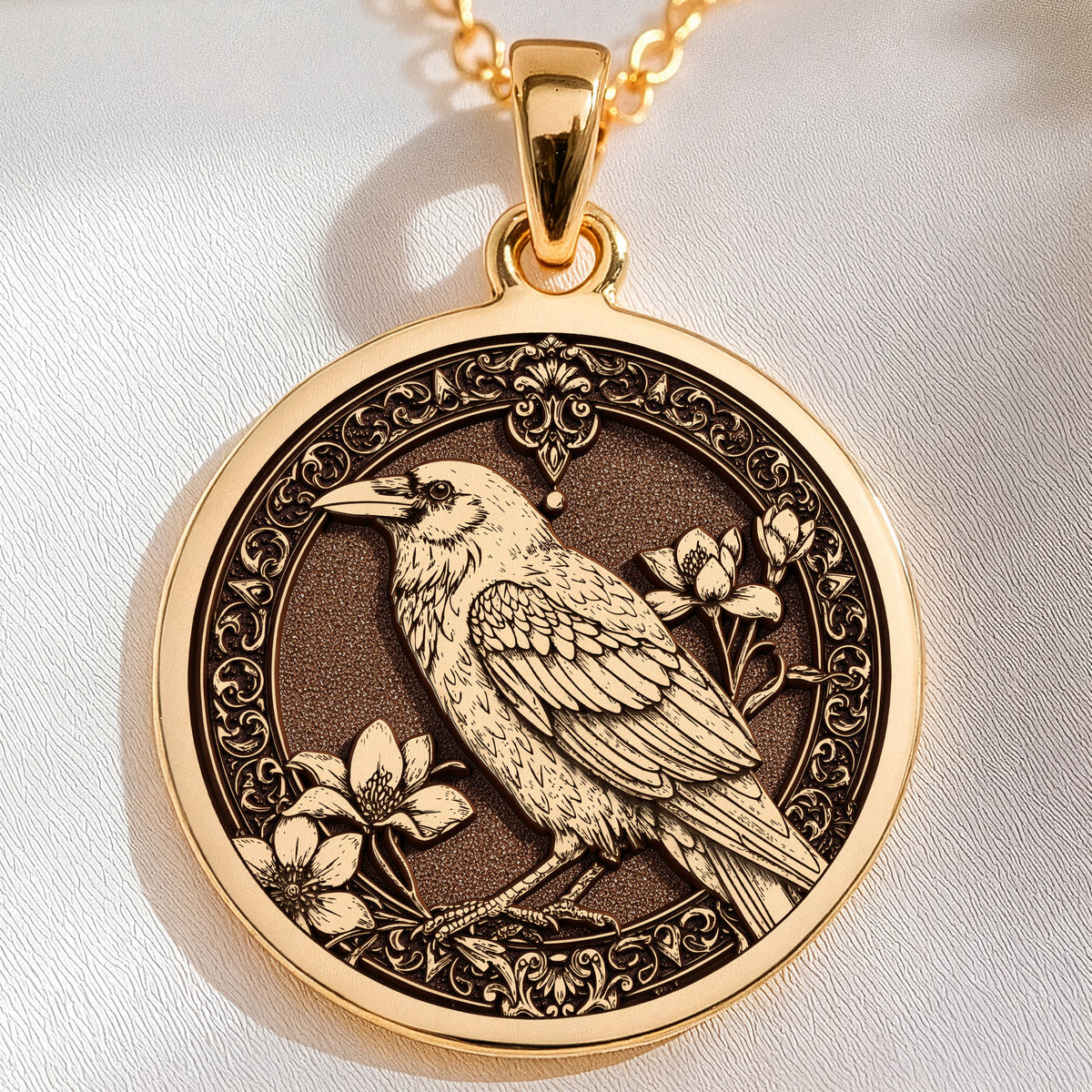 Unique Gold Raven bird pendant necklace , gothic bird pendant jewelry, antique style crow medallion, bird medallion necklace, gothic raven pendant, raven totem necklace, crow familiar jewelry, black raven pendant, celtic raven bird jewelry, victorian style crow pendant