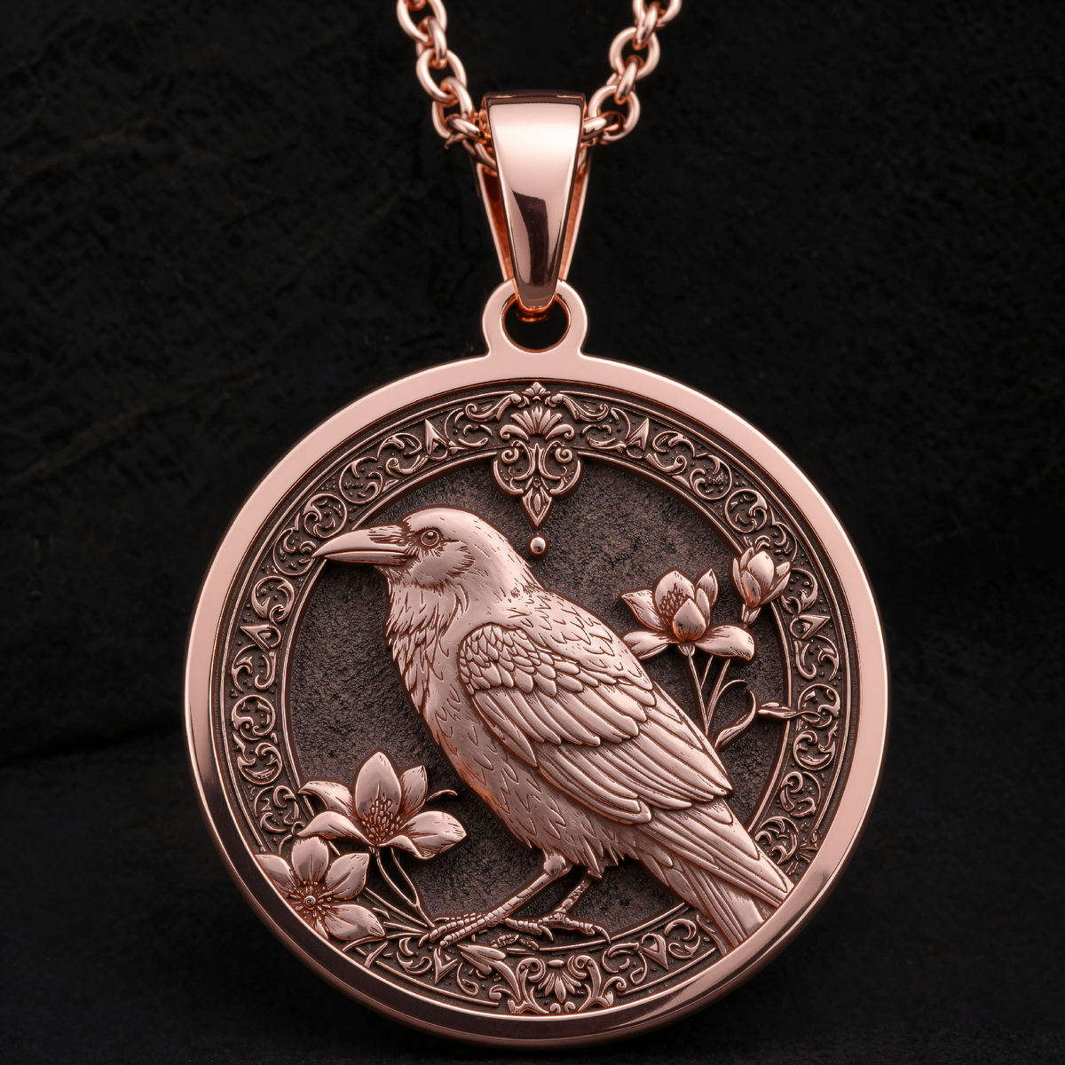 Raven Gothic Bird Pendant Necklace in a polished rose gold finish.
