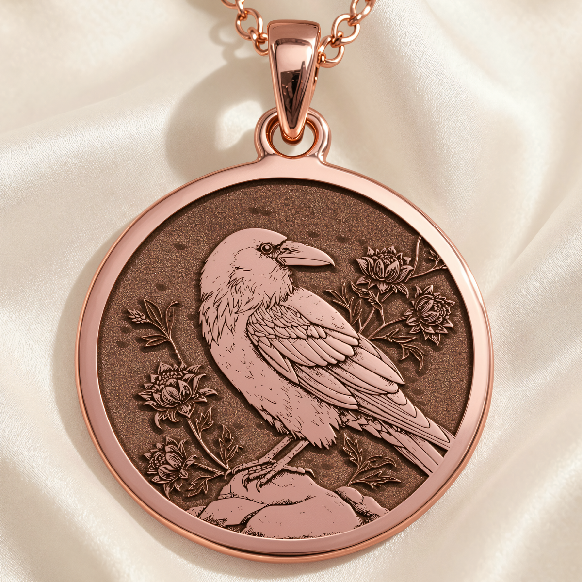 Raven Spirit Animal Pendant in a polished rose gold finish.