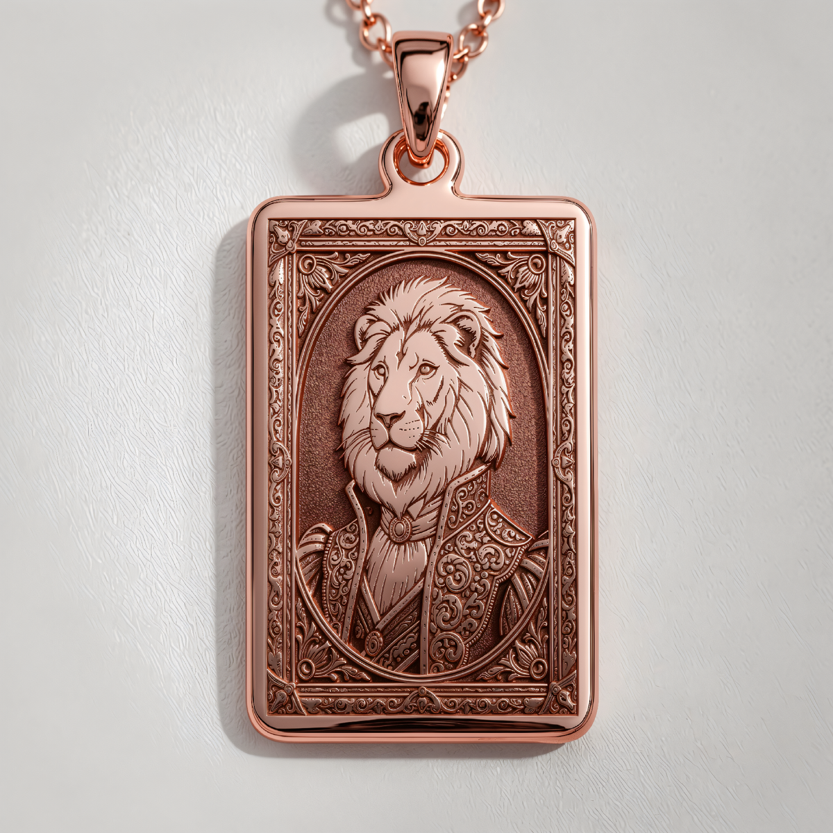 Regal Lion Portrait Pendant in a polished rose gold finish.