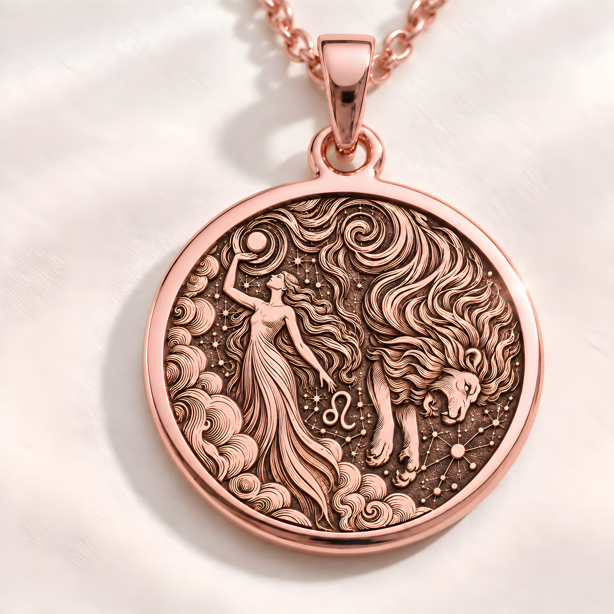 Roaring Lion Leo Zodiac Necklace - 14K Rose Gold Plated