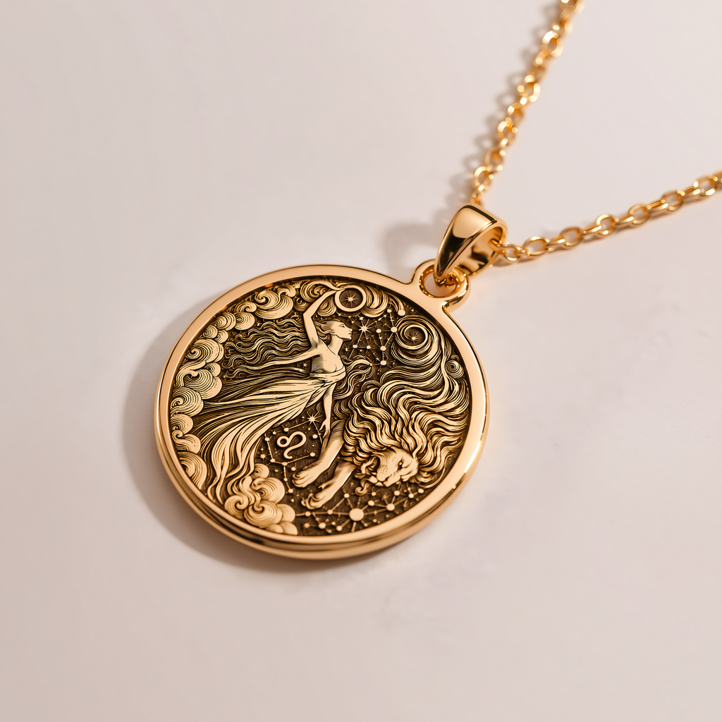 Roaring Lion Leo Zodiac Necklace - 14K Solid Gold, Left Angle View