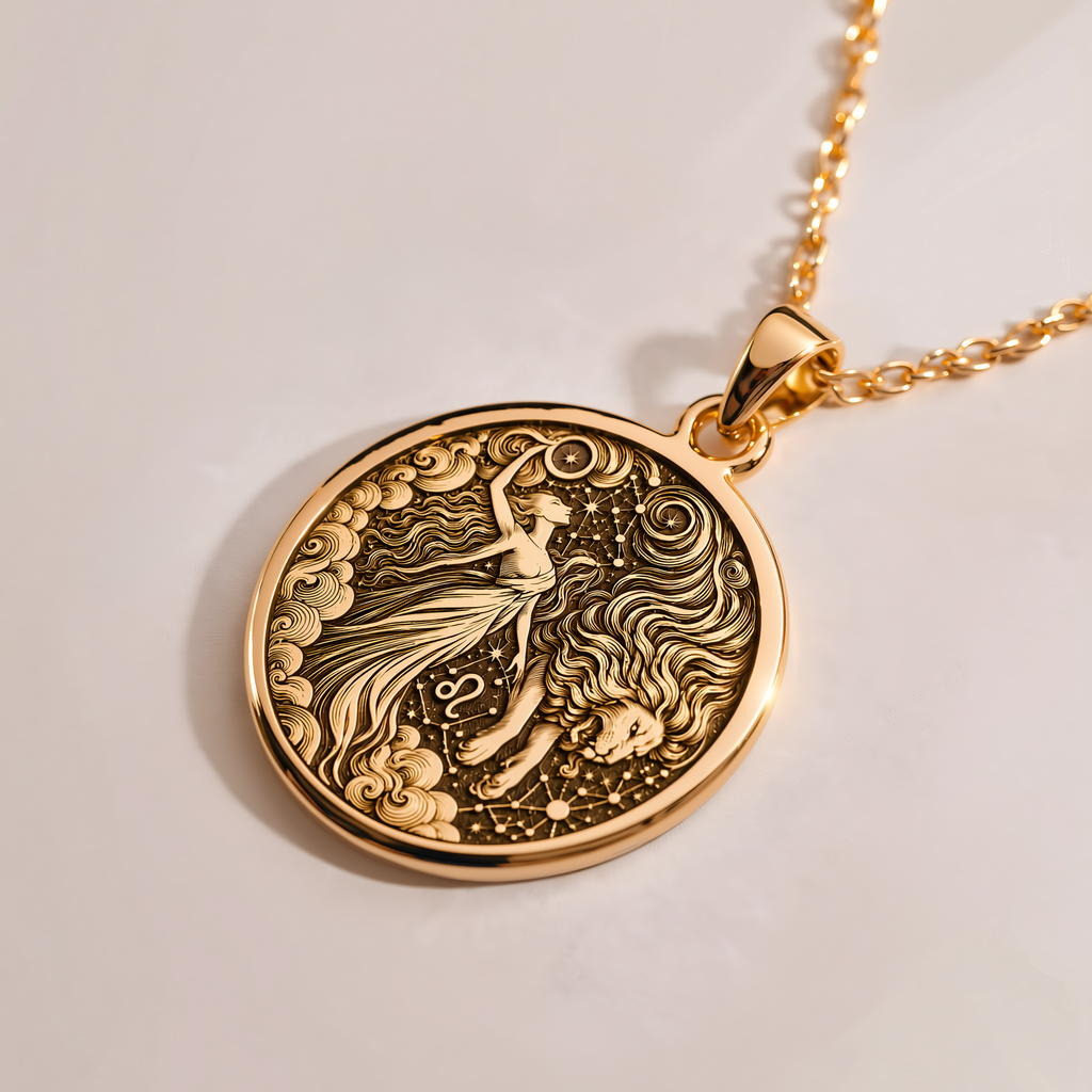 Roaring Lion Leo Zodiac Necklace - 14K Solid Gold, Right Angle View