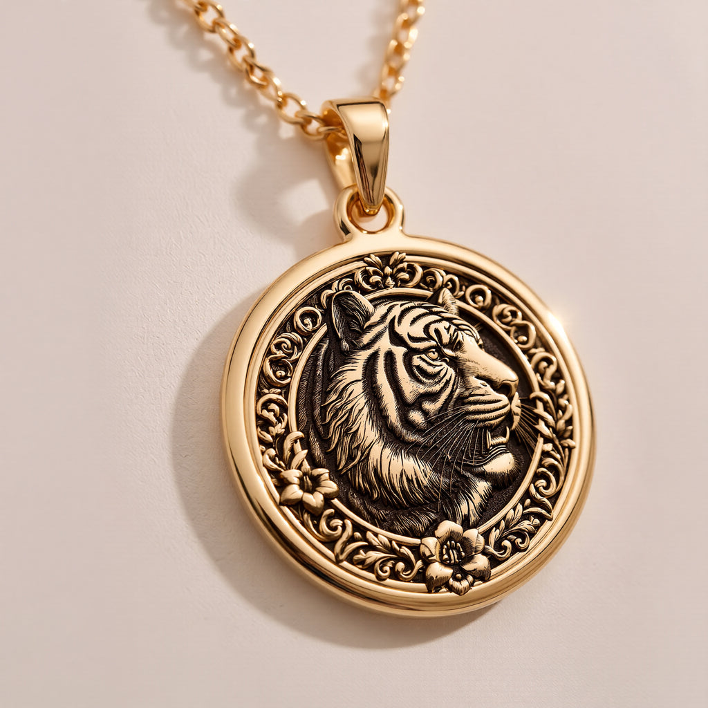 Roaring Tiger Jungle Cat Courage Medallion Necklace - 14K Solid Gold