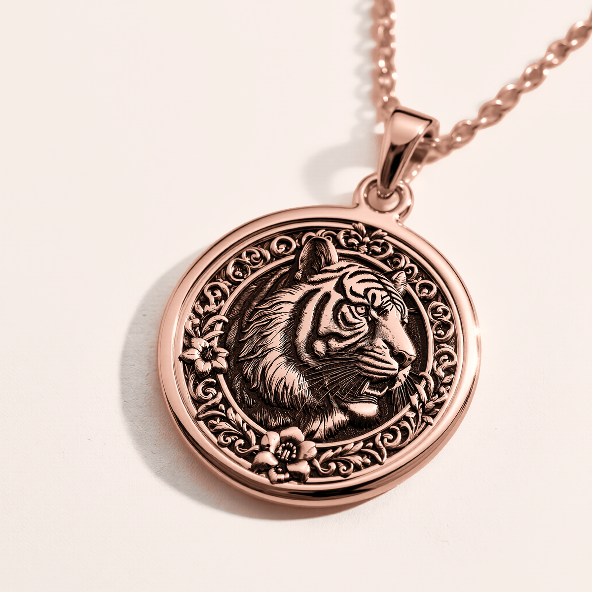 Roaring Tiger Jungle Cat Courage Medallion Necklace - 14K Rose Gold Plated