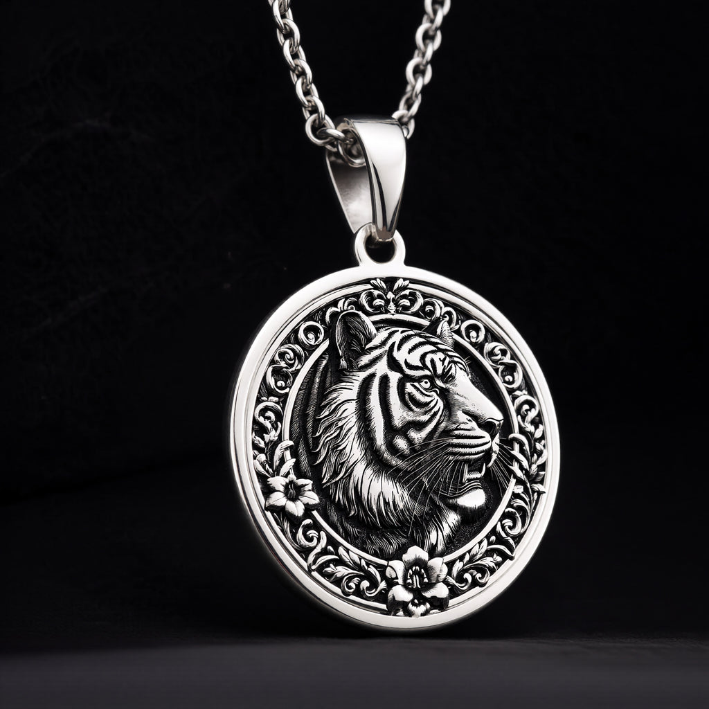 Sterling Silver Tiger Necklace showcasing a detailed medallion pendant. A timeless gift for women or animal lovers, this elegant piece symbolizes strength and luck. Perfect for daily wear.