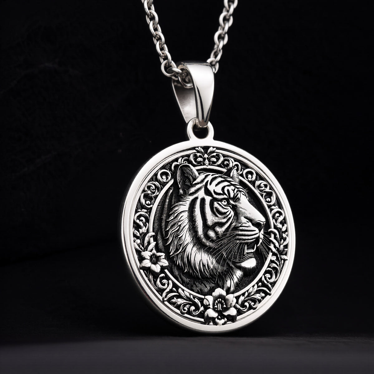 Sterling Silver Tiger Necklace showcasing a detailed medallion pendant. A timeless gift for women or animal lovers, this elegant piece symbolizes strength and luck. Perfect for daily wear.