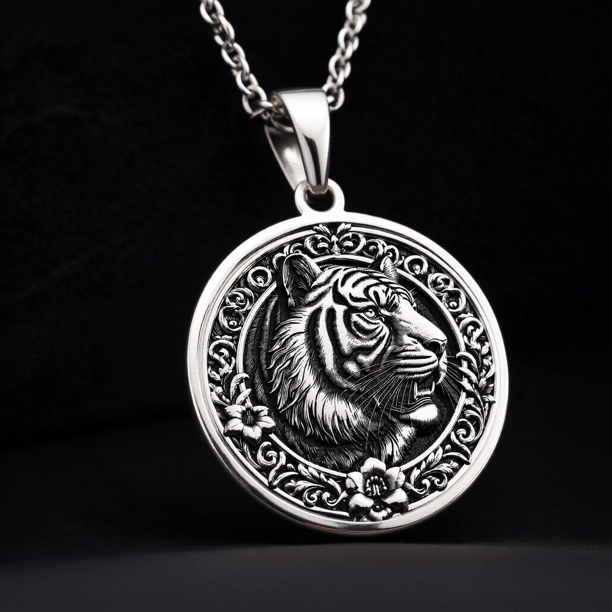 Sterling Silver Tiger Necklace showcasing a detailed medallion pendant. A timeless gift for women or animal lovers, this elegant piece symbolizes strength and luck. Perfect for daily wear. - View 11