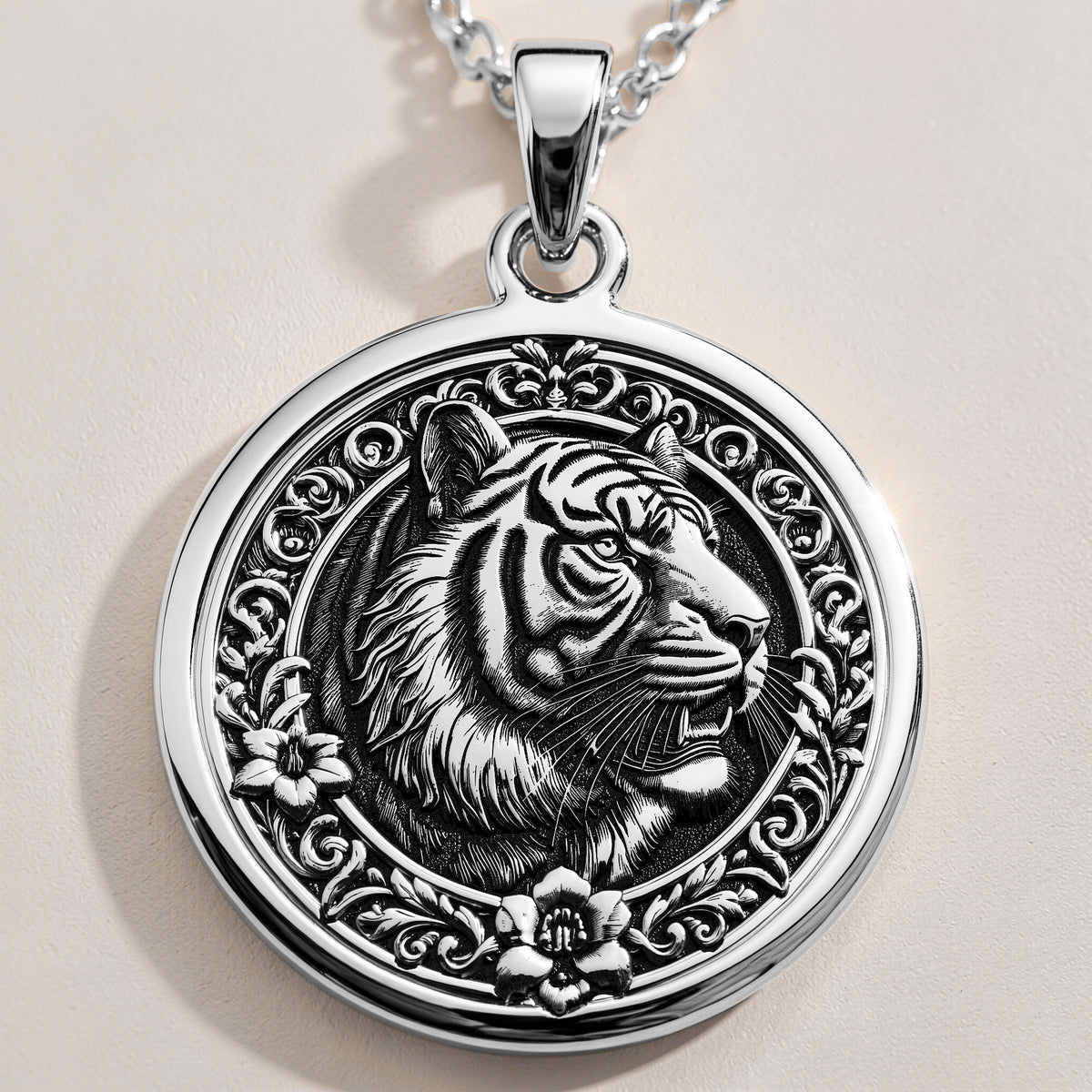 Sterling Silver Tiger Necklace showcasing a detailed medallion pendant. A timeless gift for women or animal lovers, this elegant piece symbolizes strength and luck. Perfect for daily wear. - View 2