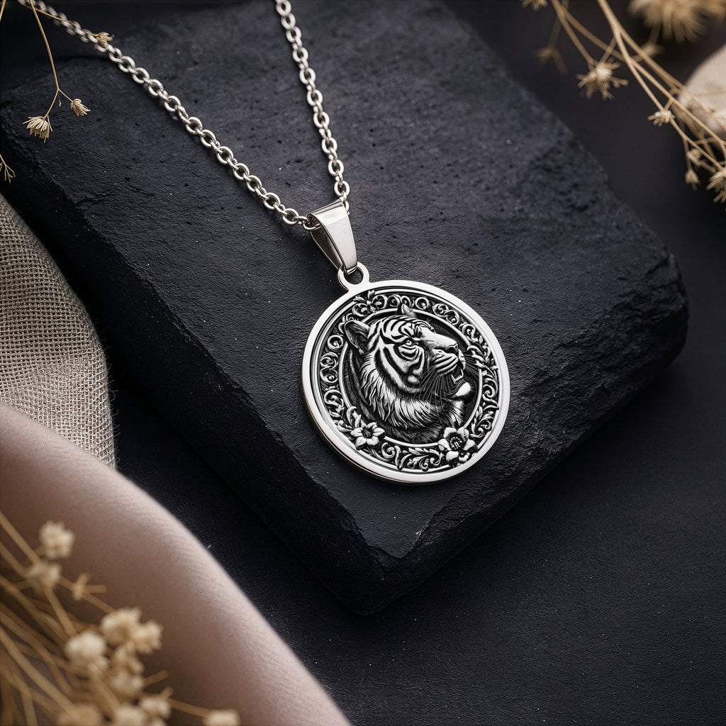 Sterling Silver Tiger Necklace showcasing a detailed medallion pendant. A timeless gift for women or animal lovers, this elegant piece symbolizes strength and luck. Perfect for daily wear. - View 3
