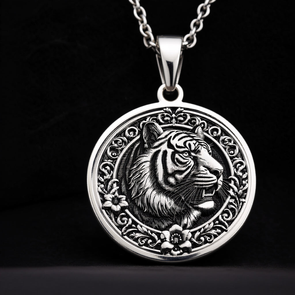 Sterling Silver Tiger Necklace showcasing a detailed medallion pendant. A timeless gift for women or animal lovers, this elegant piece symbolizes strength and luck. Perfect for daily wear. - View 8
