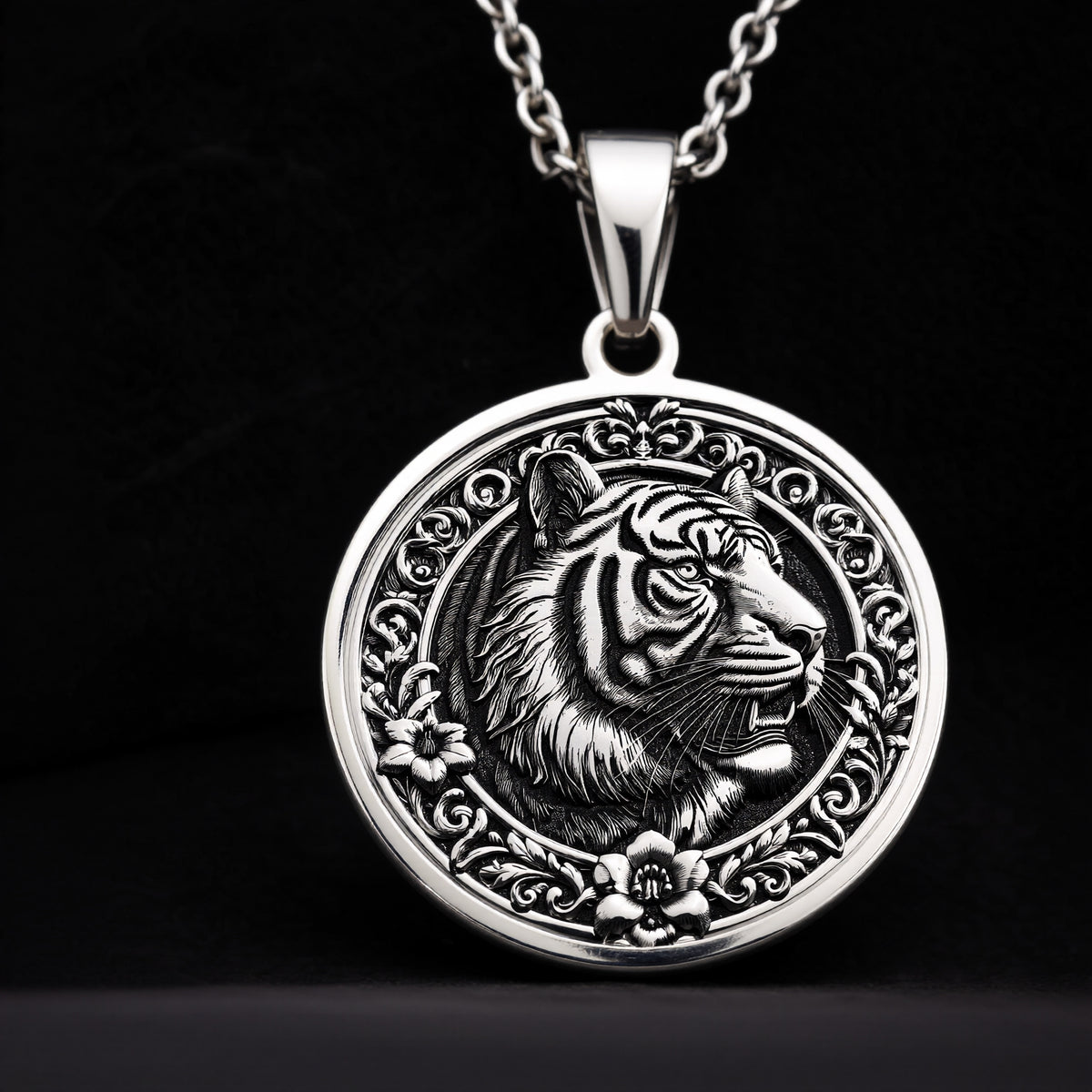 Sterling Silver Tiger Necklace showcasing a detailed medallion pendant. A timeless gift for women or animal lovers, this elegant piece symbolizes strength and luck. Perfect for daily wear. - View 8